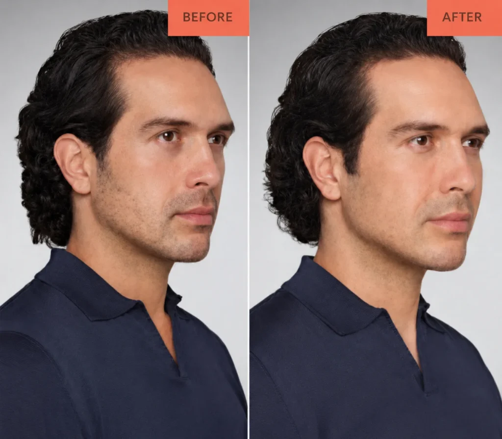 Before and after results of a male patient receiving dermal fillers.