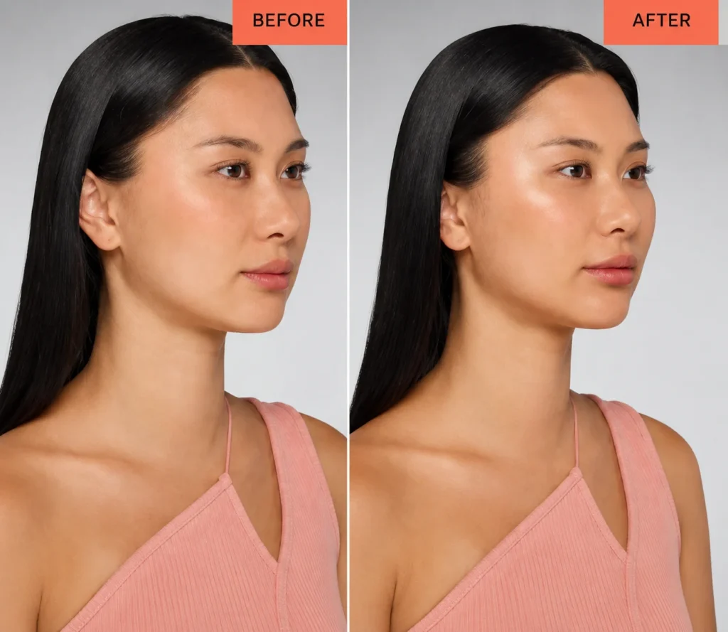 Before and after results of a female patient receiving dermal fillers.