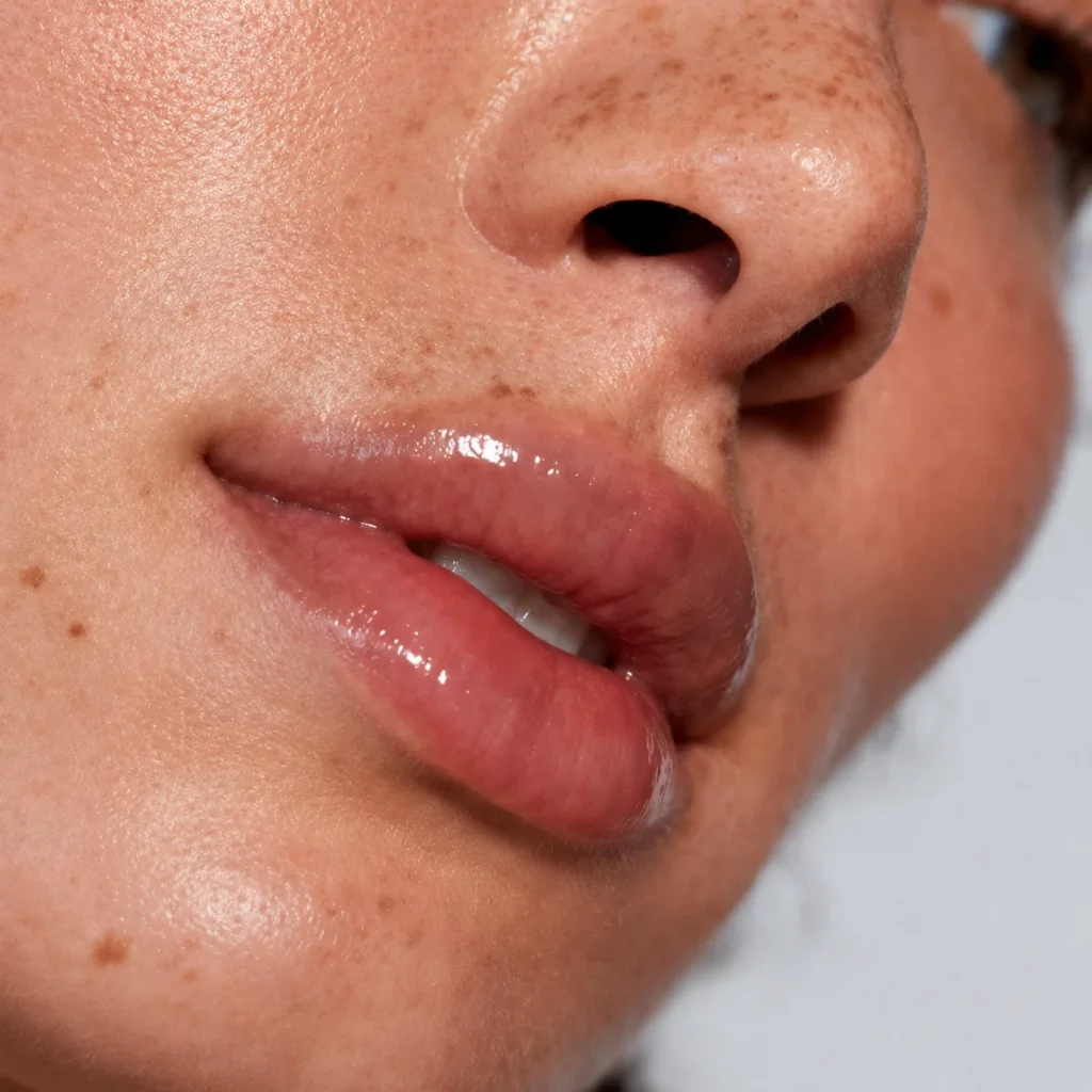 Close-up of a model's plump lips and smooth skin after dermal filler treatment.